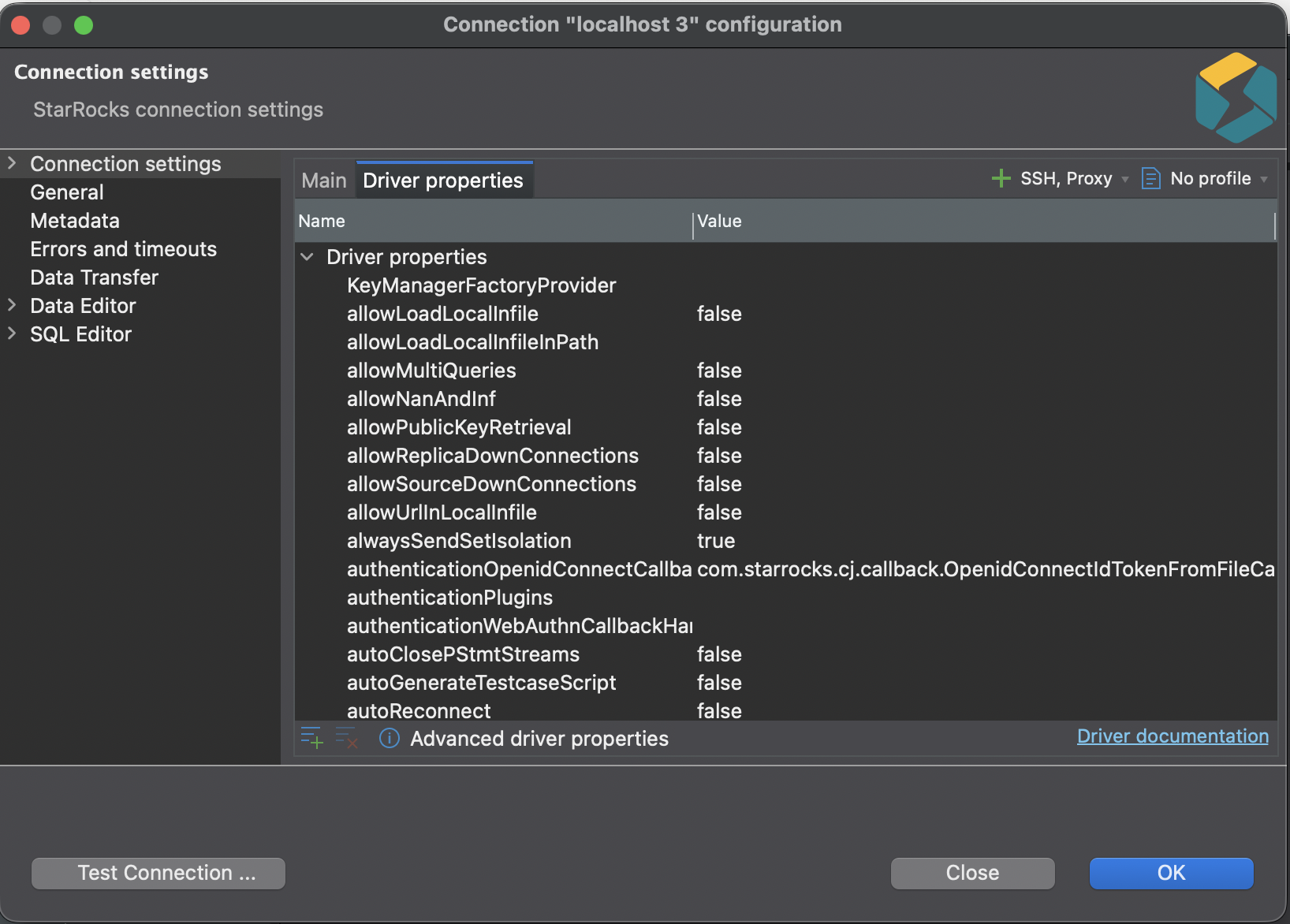 DBeaver - Connection Settings - Driver properties tab