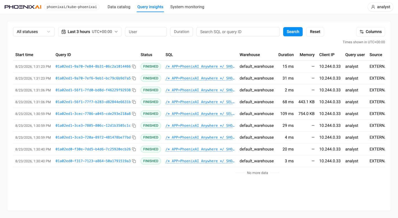 Query insights signed in as an ordinary database user — no sub-tabs