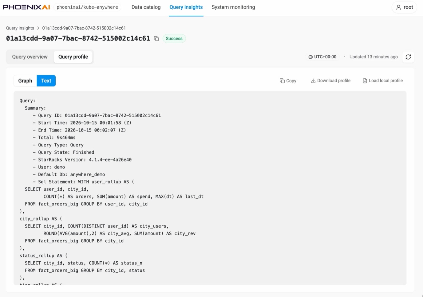 Query profile, Text — the summary header above the statement that produced it