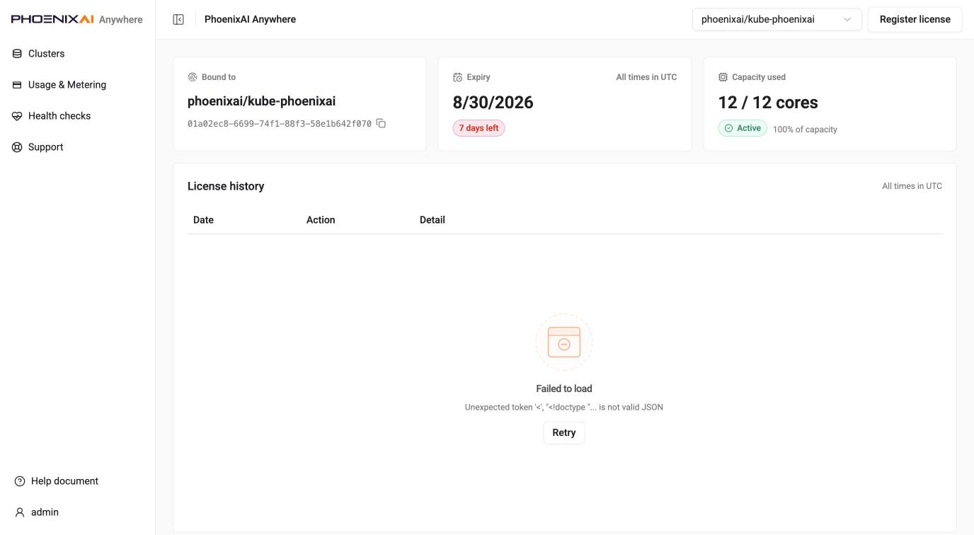 License — the summary cards are live; License history fails to load