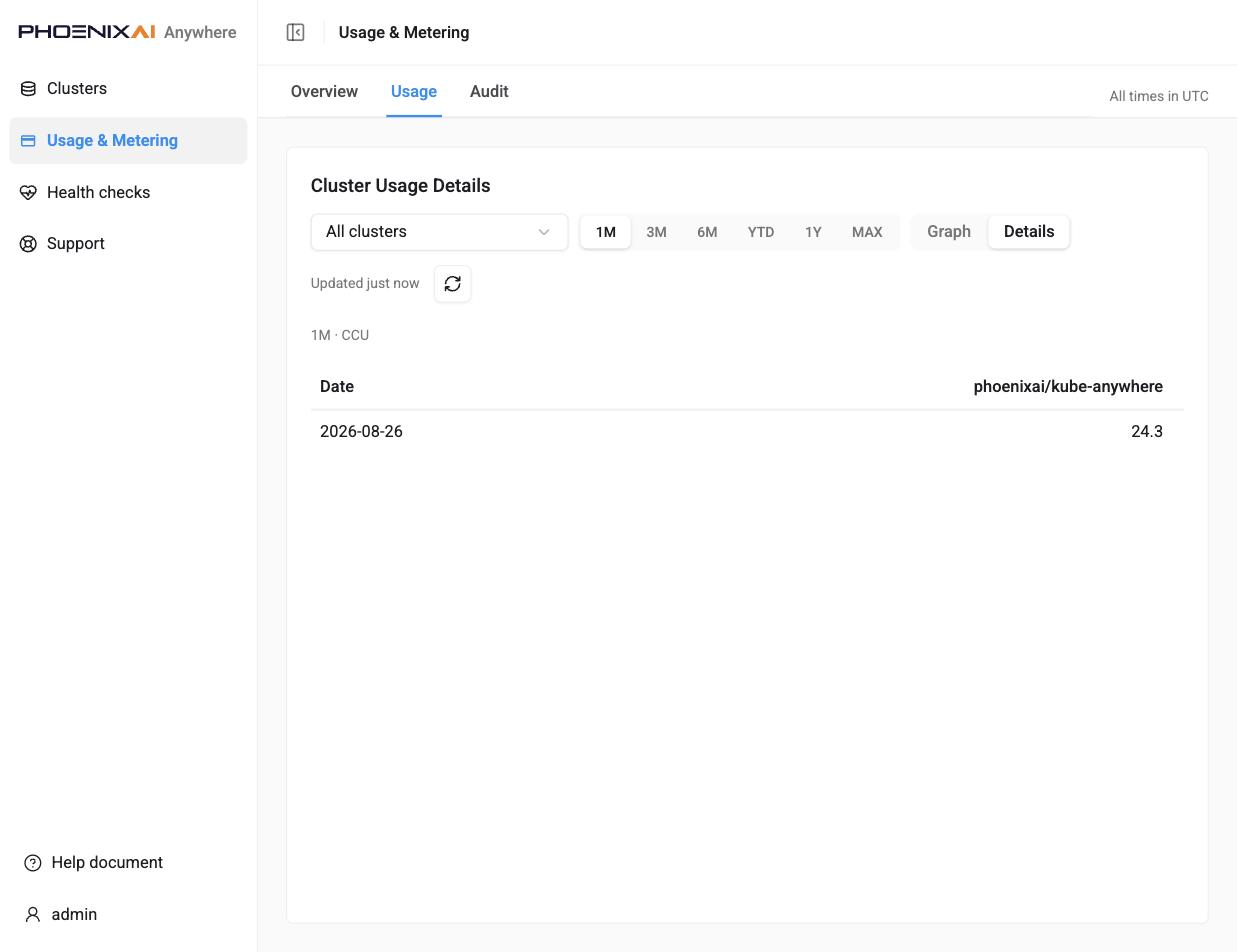 The Details view of the Usage tab, listing daily CCU with one row per date and one column per cluster