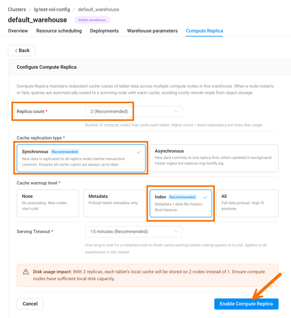 Configure Compute Replica form