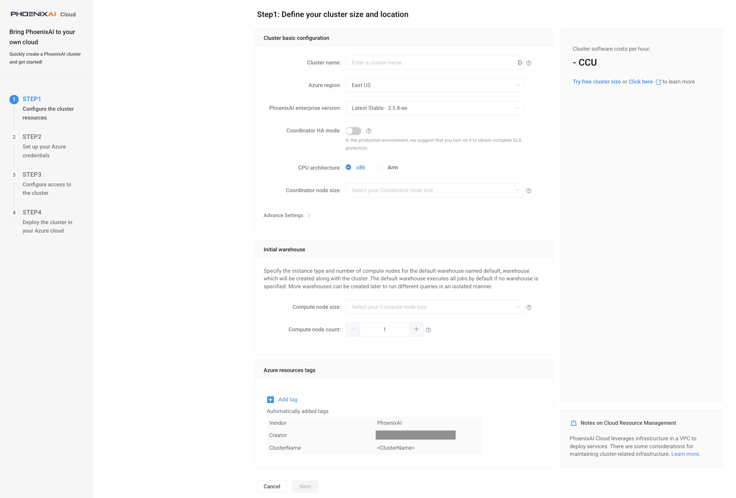 Create Cluster - Step 1 - Elastic Cluster