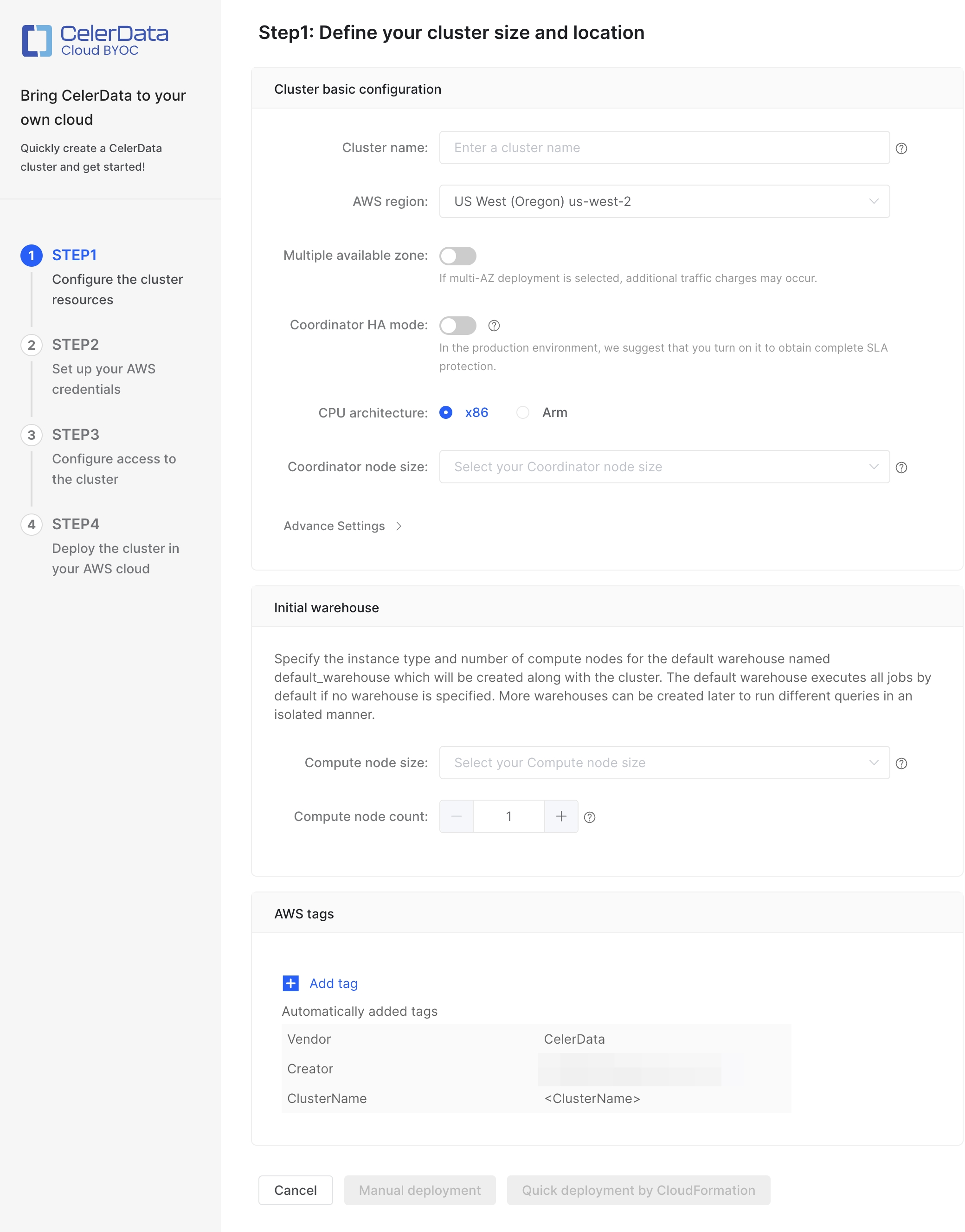 Create Cluster - Step 1 - Elastic Cluster