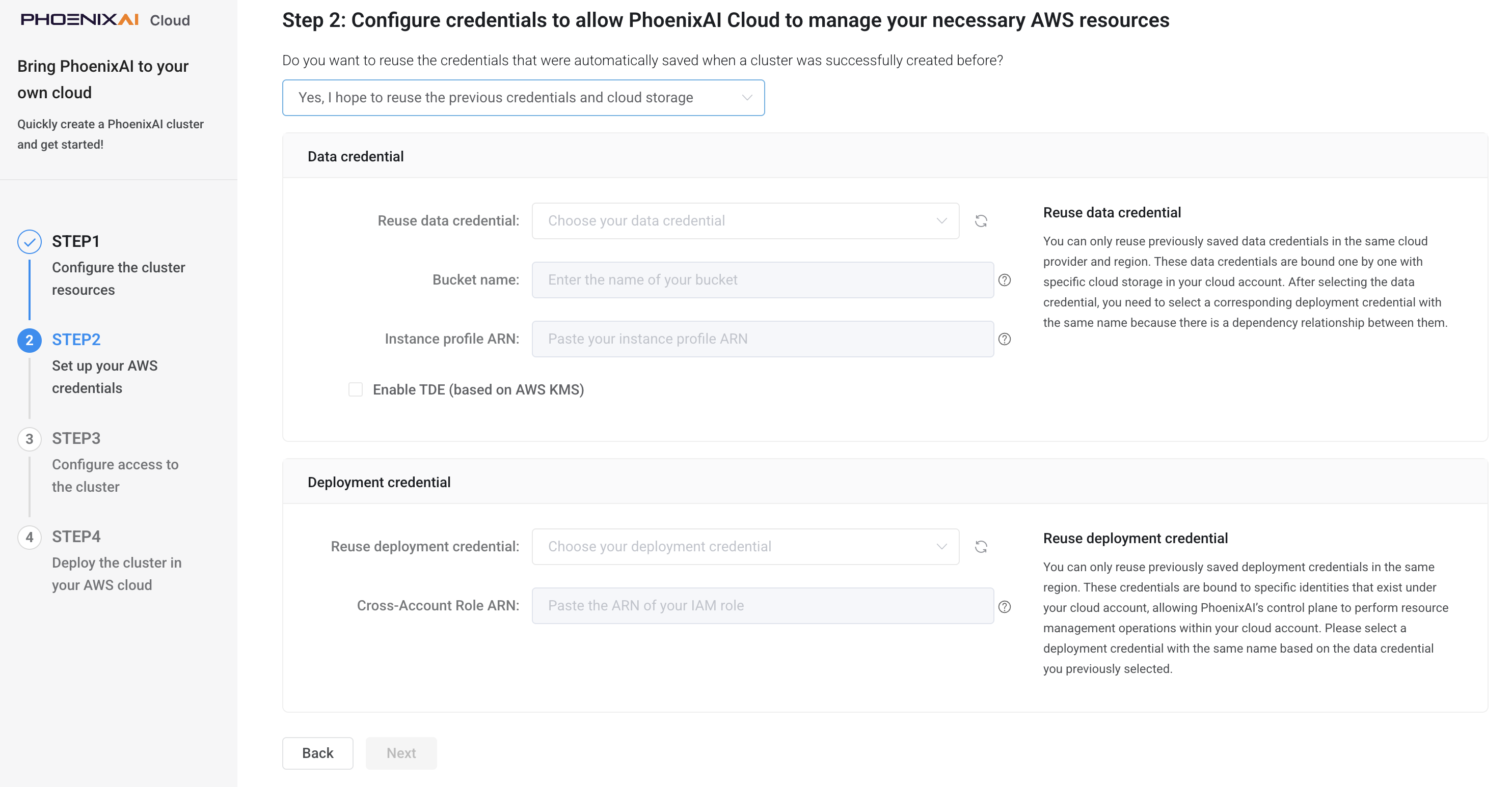 Create Cluster - Step 2 - Select existing credentials