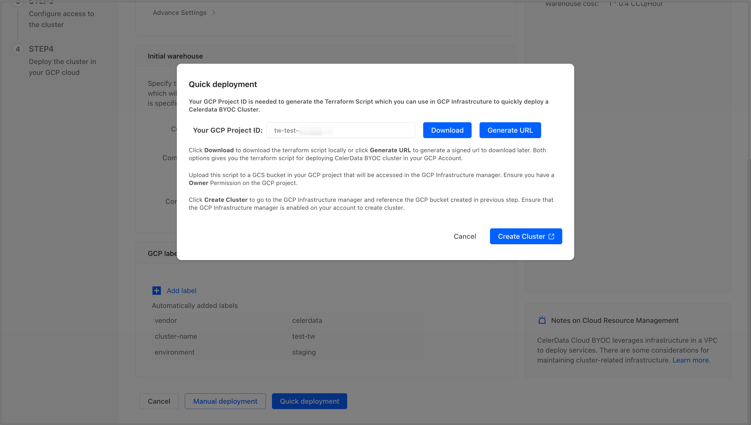 Quick Deployment Dialog Box