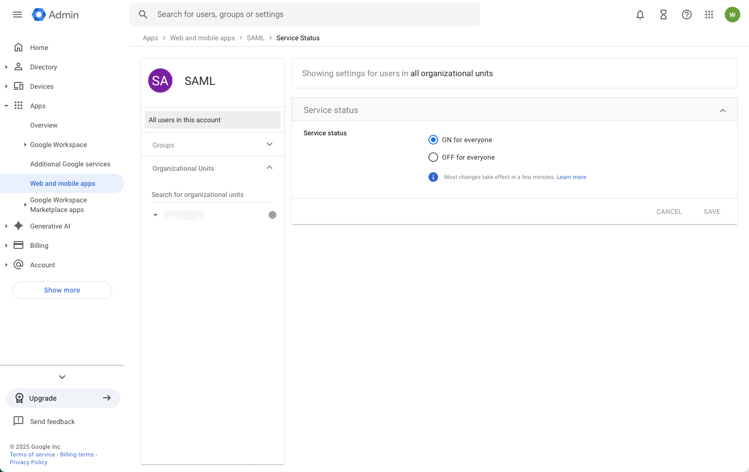 Google SAML - Service Status