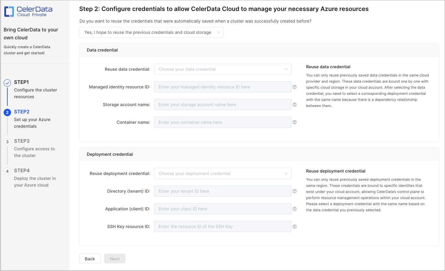 STEP 2: Set up your Azure credentials - Select existing credentials