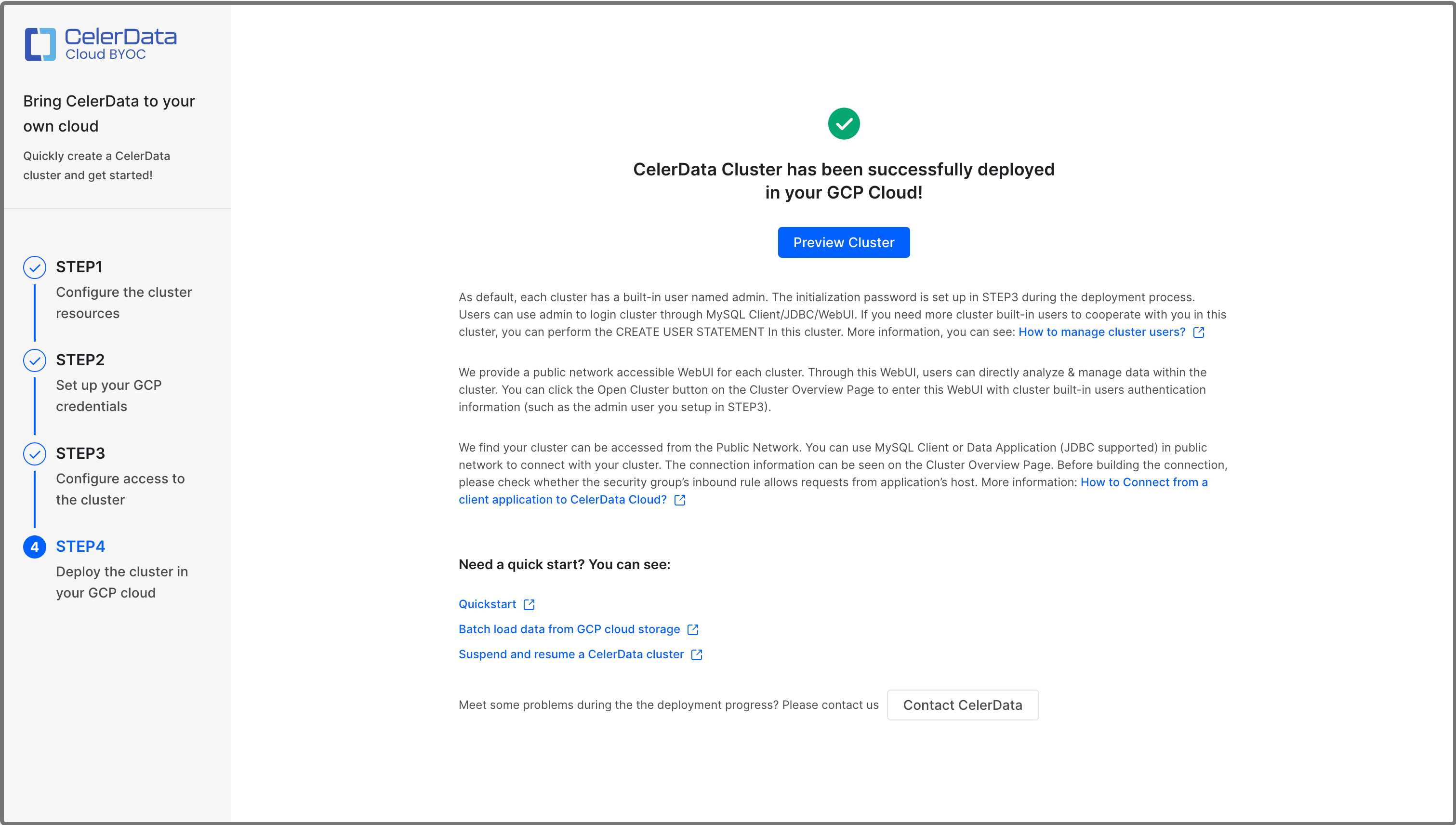 Create Cluster - Step 4 - Success