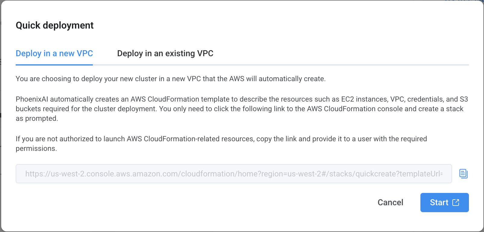 Quick deployment dialog box