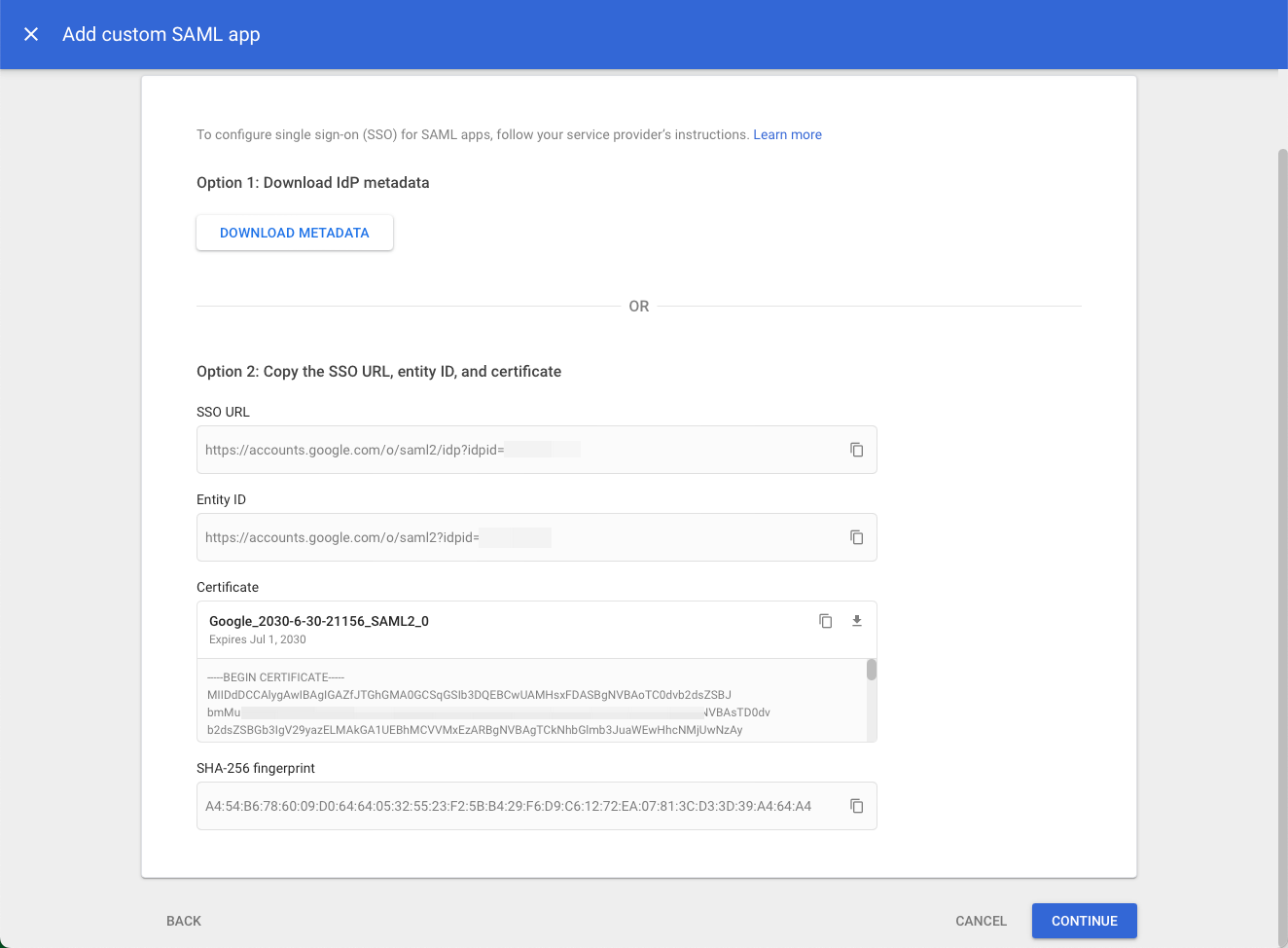 Google SAML - Google Identity Provider details
