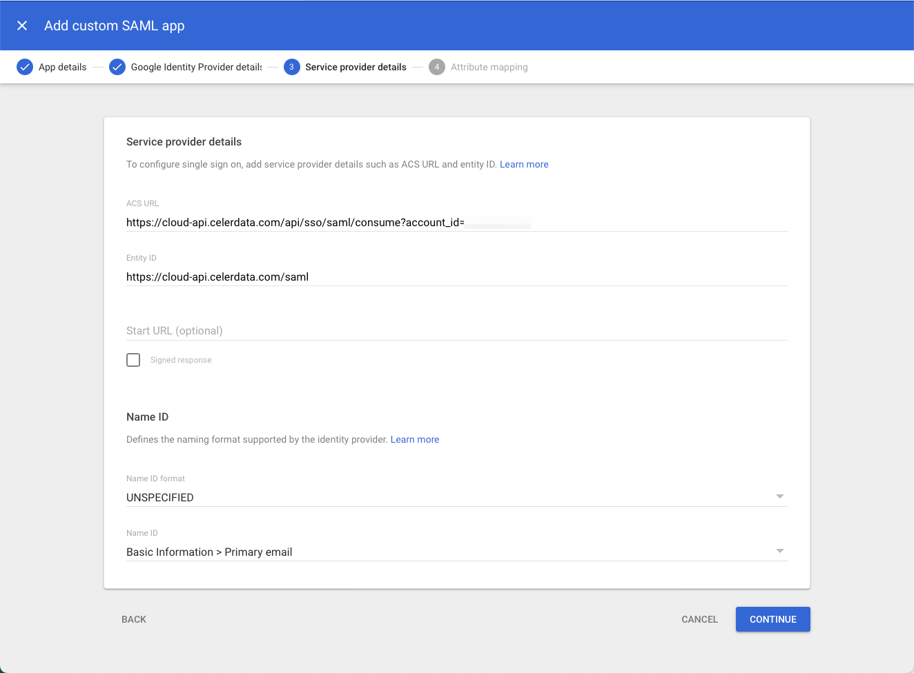 Google SAML - Service provider details